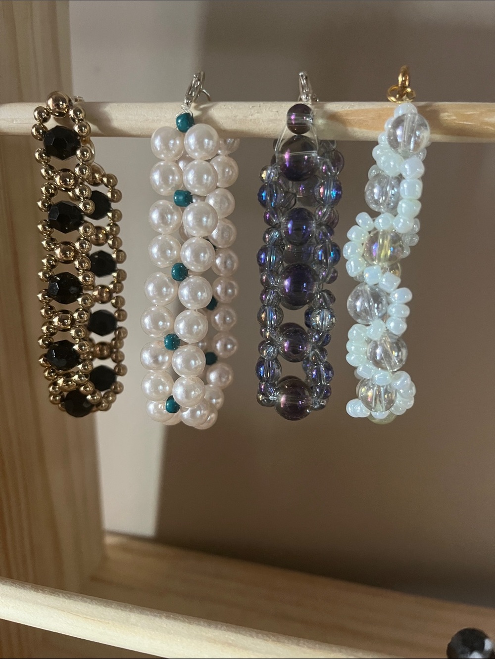 Handmade Beaded Dangle Braceletsโ Pearl White and Teal Accent